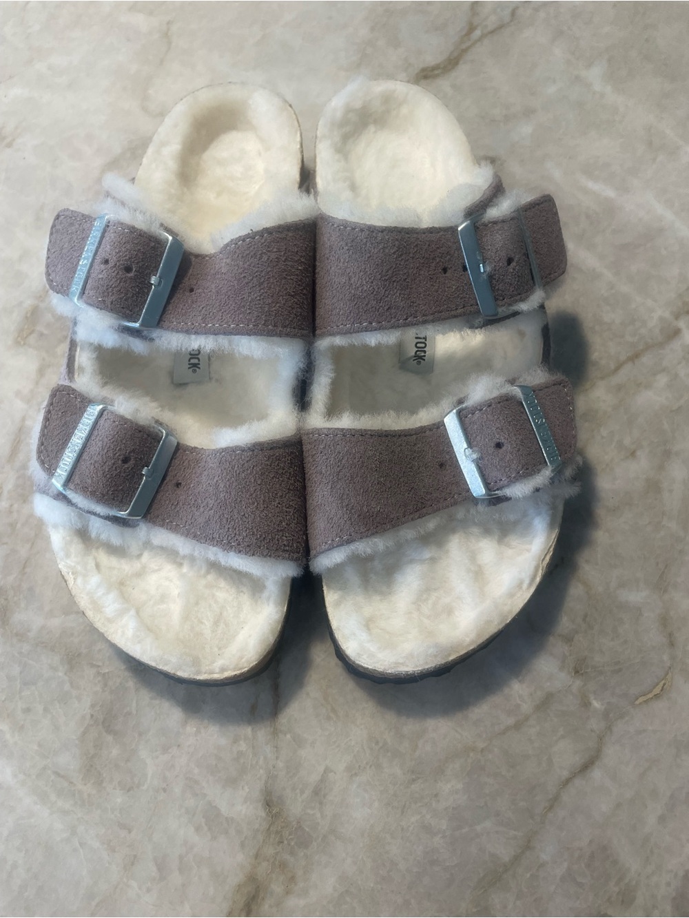 Birkenstock Arizon Taupe Suede Shearling Double Strap Clog Slides NWOT